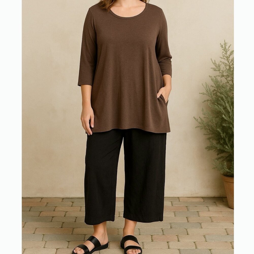 Bryn Walker Brown Tunic Top Small Half Sleeve Lagenlook Minimalist Quiet Luxury